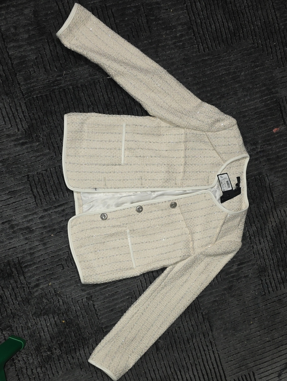 rag & bone Cream Tweed Open-Front Jacket with Metallic Thread